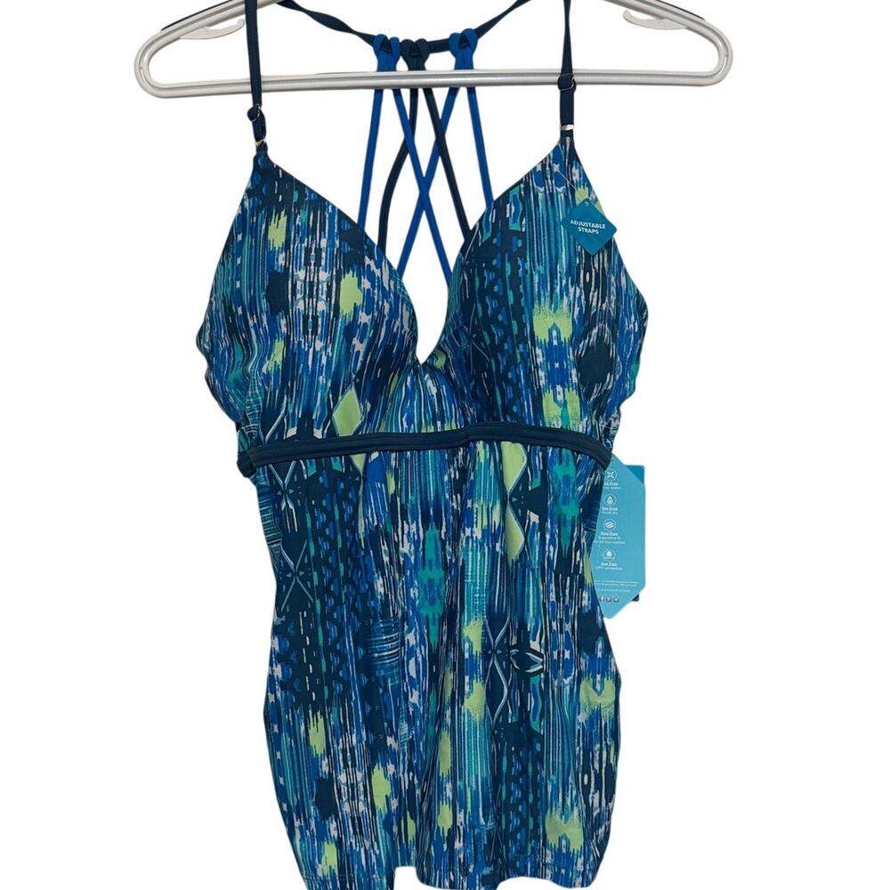 Free Country Women's Blue Lime Green Tankini Top Adjustable Straps Size L
